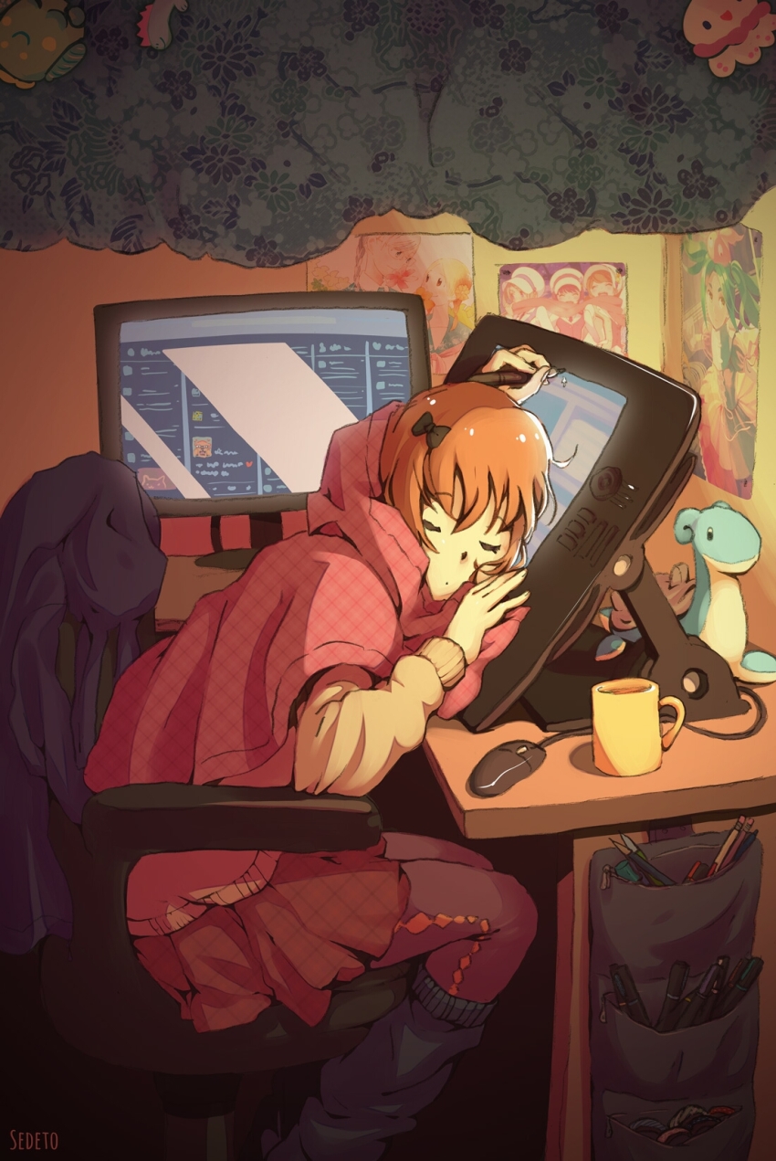 artist_name brown_hair chair character_doll colored_pencil computer_mouse cup doll gen_1_pokemon highres indoors kuragehime lapras loose_socks monitor mug nintendo ononoki_yotsugi pantyhose pen pencil pokemon pokemon_(creature) poster_(object) sedeto self-portrait sitting skirt sleeping socks socks_over_pantyhose stuffed_animal stuffed_toy stylus tablet_pc yuri_kuma_arashi