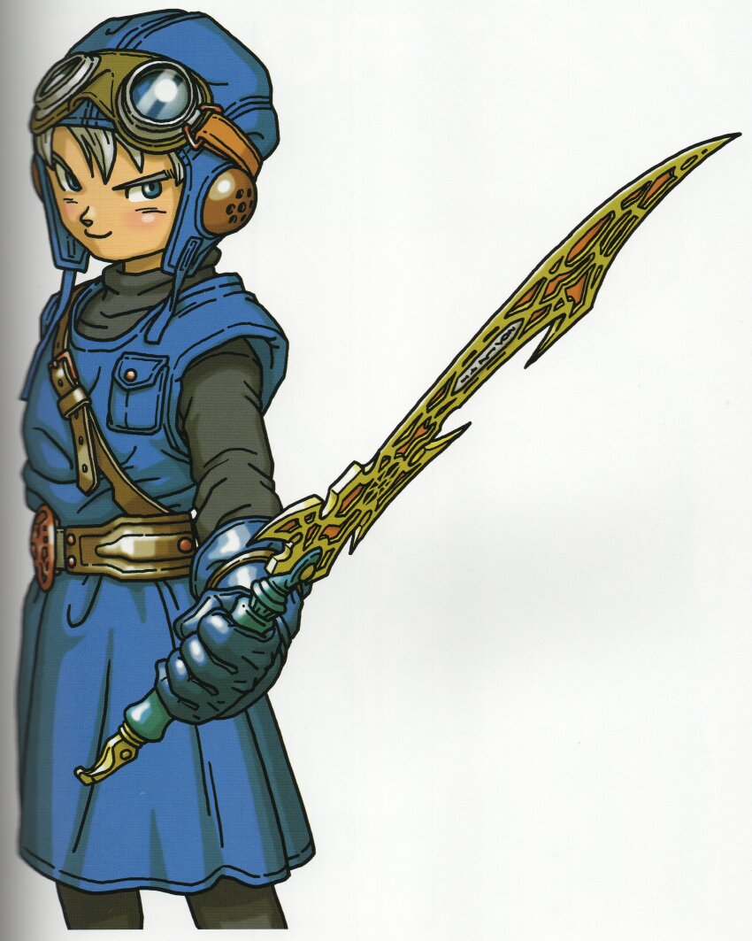 1boy absurdres aviator_cap belt belt_buckle black_pants black_shirt blue_eyes blue_gloves blue_hat blue_tunic breast_pocket brown_belt buckle commentary cowboy_shot dragon_quest dragon_quest_ii gloves goggles goggles_on_headwear hat highres holding holding_sword holding_weapon looking_to_the_side pants pocket prince_of_lorasia roto&#039;s_emblem scan scan_artifacts shirt smile solo sword third-party_source toriyama_akira tunic weapon white_background white_hair