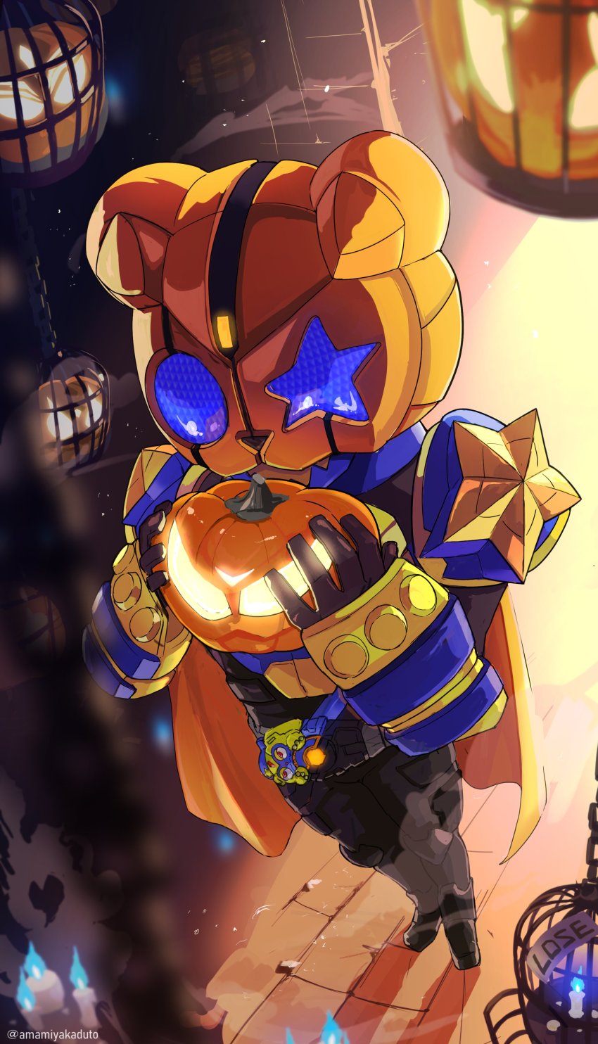 1boy absurdres amamiyakaduto armor bear blue_armor blue_eyes blue_fire brass_knuckles cage candle cape desire_driver dungeon fire foreshortening glowing glowing_eyes highres jack-o&#039;-lantern kamen_rider kamen_rider_buffa kamen_rider_geats_(series) kamen_rider_na-go kamen_rider_punkjack kamen_rider_tycoon male_focus monster monster_buckle orange_cape pumpkin raise_buckle shadow twitter_username villain_pose weapon