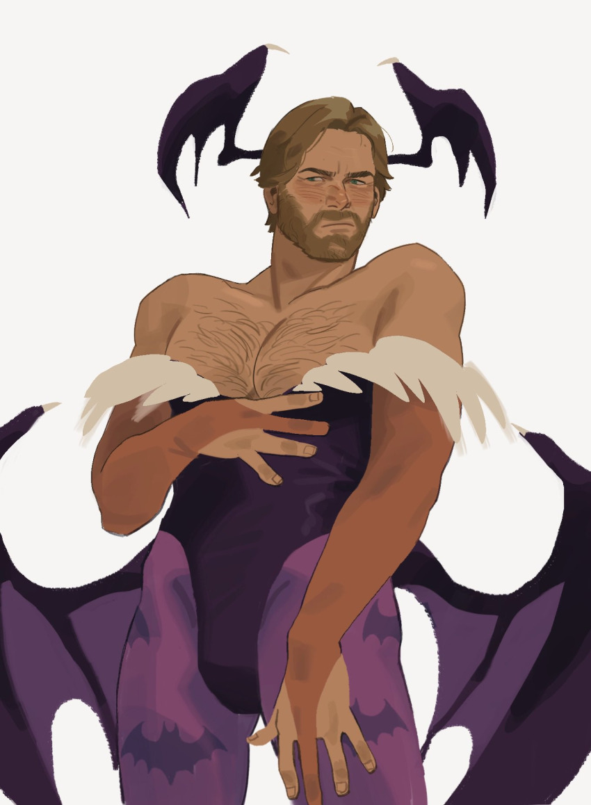 1boy arm_up arthur_morgan bat_(animal) bat_wings beard blonde_hair bridal_gauntlets brown_facial_hair bulge chest_hair cosplay cowboy_shot crossdressing darkstalkers facial_hair fur_trim groin hand_on_own_chest hand_on_own_thigh head_wings highres leotard looking_to_the_side low-cut male_focus mature_male morrigan_aensland morrigan_aensland_(cosplay) pantyhose pectorals print_pantyhose red_dead_redemption_(series) red_dead_redemption_2 snickerdooble solo straight-on thick_thighs thighs white_fur wings