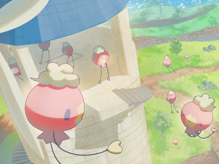 :d closed_mouth commentary_request day drifloon flying gen_4_pokemon grass happy highres mokukitusui nintendo no_humans nose_bubble open_mouth outdoors pokemon pokemon_(creature) sleepy smile solid_oval_eyes stairs tree