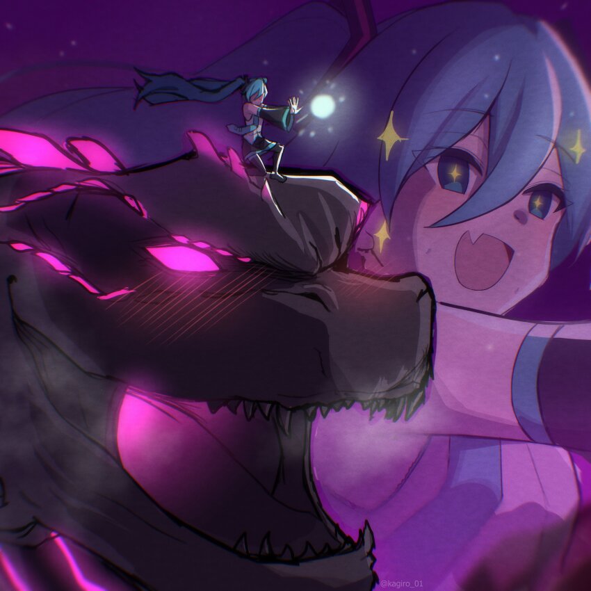 +_+ 1girl absurdres blue_eyes blue_hair blush crossover fang fortnite giant giant_monster godzilla godzilla_(monsterverse) godzilla_(series) godzilla_evolved godzilla_x_kong:_the_new_empire hatsune_miku highres kagironsfw kaiju king_kong_(series) legendary_pictures long_hair meme miku_miku_beaaaam!!_(meme) monster monsterverse necktie on_one_knee skin_fang star-shaped_pupils star_(symbol) symbol-shaped_pupils toho twintails vocaloid zoom_layer