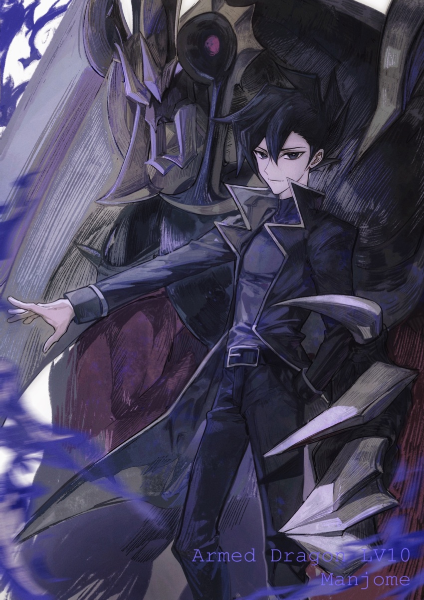 1boy armed_dragon belt black_belt black_eyes black_hair black_jacket black_pants black_shirt bright_pupils claws duel_monster hand_in_pocket high_collar highres jacket long_sleeves male_focus manjoume_jun naoki_(2rzmcaizerails6) open_clothes open_jacket outstretched_arm pants shirt short_hair spiked_hair standing turtleneck turtleneck_shirt upper_body yu-gi-oh! yu-gi-oh!_gx
