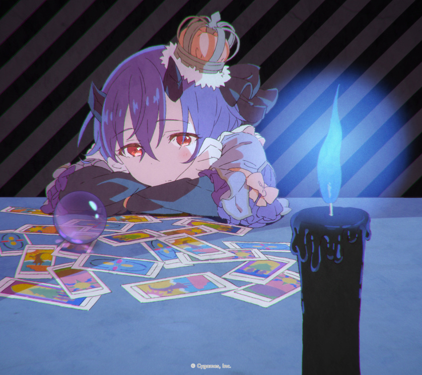 1girl arms_on_table black_horns blue_light candle candlelight card closed_mouth copyright_notice crossed_bangs crown demon_horns hair_between_eyes highres horns light_blush looking_at_viewer mini_crown official_art princess_connect! purple_hair red_eyes shinobu_(princess_connect!) solo