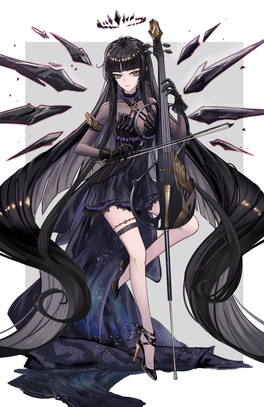 1girl absurdres arknights black_dress black_eyes black_gloves black_hair black_halo black_wings blunt_bangs bodystocking bow_(music) breasts broken_halo cello dark_halo detached_wings dress energy_wings gloves halo high_heels highres holding holding_bow_(music) holding_instrument instrument jineg long_hair looking_at_viewer mole mole_under_eye official_alternate_costume sleeveless sleeveless_dress smile solo thigh_strap very_long_hair virtuosa_(arknights) virtuosa_(diversity_oneness)_(arknights) wings yellow_pupils