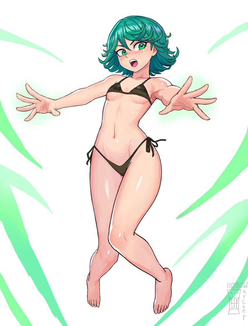 1girl :o absurdres artist_name bare_arms bare_legs bare_shoulders barefoot bikini black_bikini blush breasts commentary english_commentary full_body green_eyes green_hair groin highres looking_at_viewer navel one-punch_man open_mouth outstretched_arms short_hair side-tie_bikini_bottom simple_background small_breasts solo stomach string_bikini swimsuit tatsumaki teeth upper_teeth_only watcher_hollow white_background