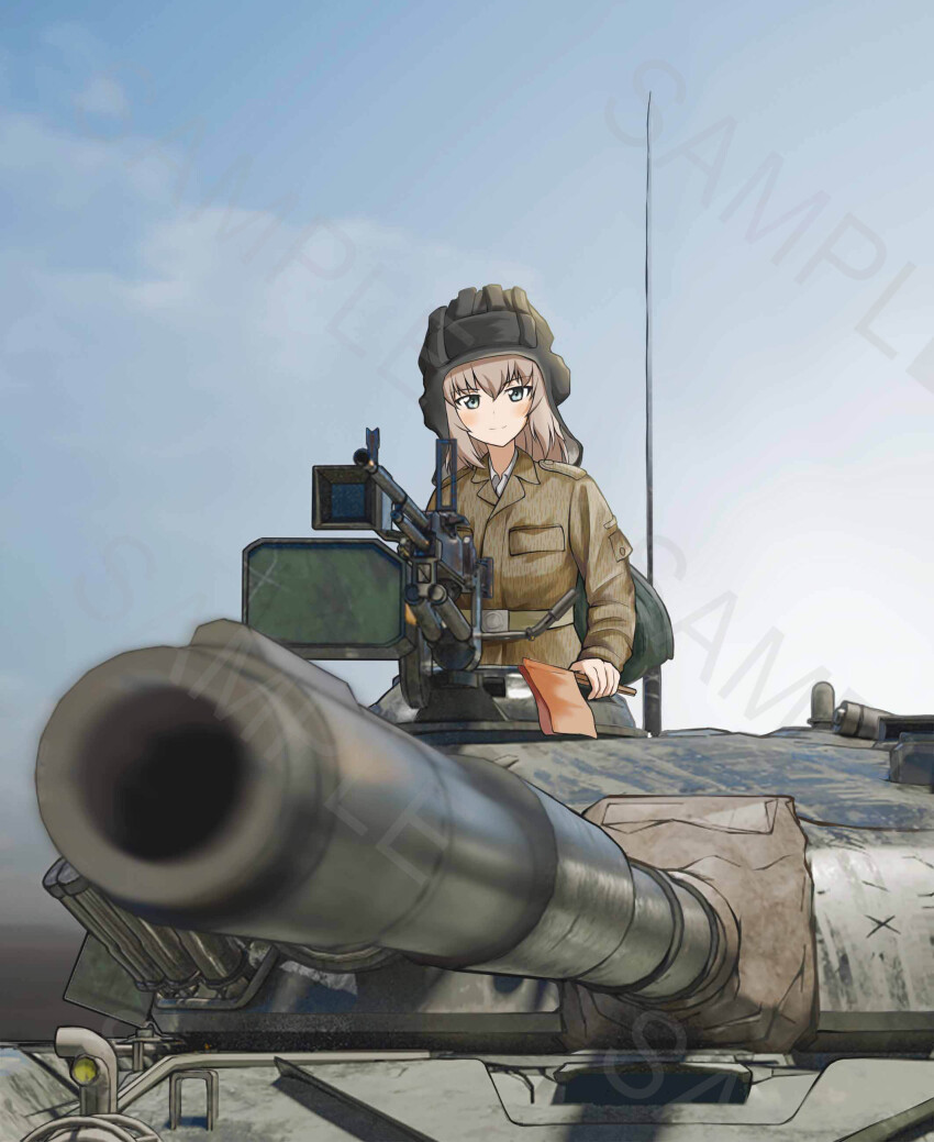 1girl absurdres blonde_hair blurry blurry_foreground cannon foreshortening girls_und_panzer gun heavy_machine_gun helmet highres itsumi_erika machine_gun military_uniform military_vehicle motor_vehicle nationale_volksarmee nsv qian sample_watermark smoke_grenade_launcher solo t-72 tank tank_helmet tank_turret watermark weapon