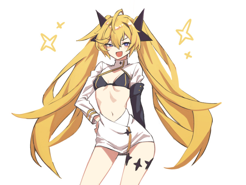 1girl ahoge arm_at_side black_bra blonde_hair blue_eyes bra breasts breasts_apart clear_(djmax) cowboy_shot djmax djmax_respect gabang hair_ornament hand_on_own_hip highres long_hair long_sleeves looking_at_viewer navel open_mouth shrug_(clothing) simple_background skirt small_breasts solo sparkle standing twintails underwear v-shaped_eyebrows white_background white_skirt