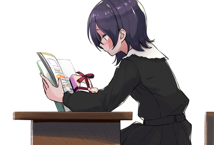 1girl black_dress blush book chair desk dress flowers_(innocent_grey) from_side gift highres holding holding_book holding_gift long_sleeves open_book profile purple_hair reading school_uniform shishima_eichi short_hair sitting solo tsuwabuki_chika