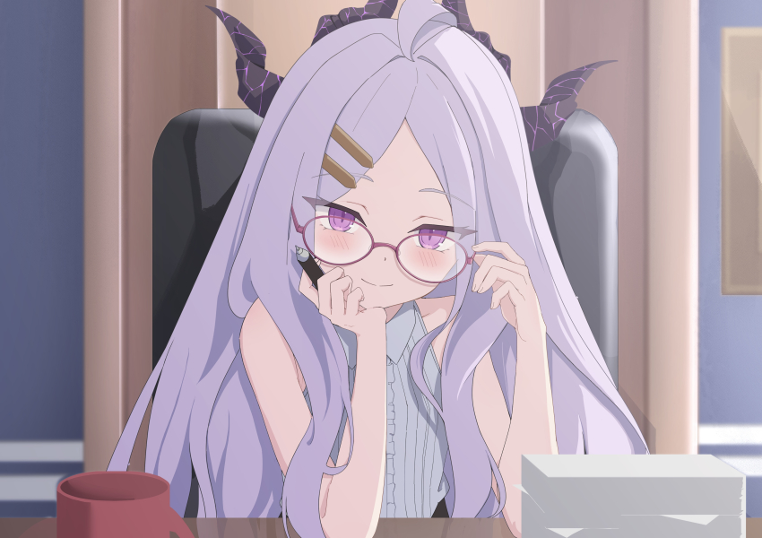 1girl absurdres adjusting_eyewear ahoge arm_support bespectacled blue_archive blush chair chibi collared_shirt commentary cup demon_girl demon_horns desk english_commentary forehead glasses hair_ornament hairclip head_rest head_tilt highres hina_(blue_archive) holding holding_pen horns indoors long_hair looking_at_viewer mug office office_chair official_alternate_costume official_alternate_hairstyle paper_stack parted_bangs pen ponono_desu purple_eyes shirt sidelocks sleeveless sleeveless_shirt solo swivel_chair upper_body wavy_hair white_hair white_shirt