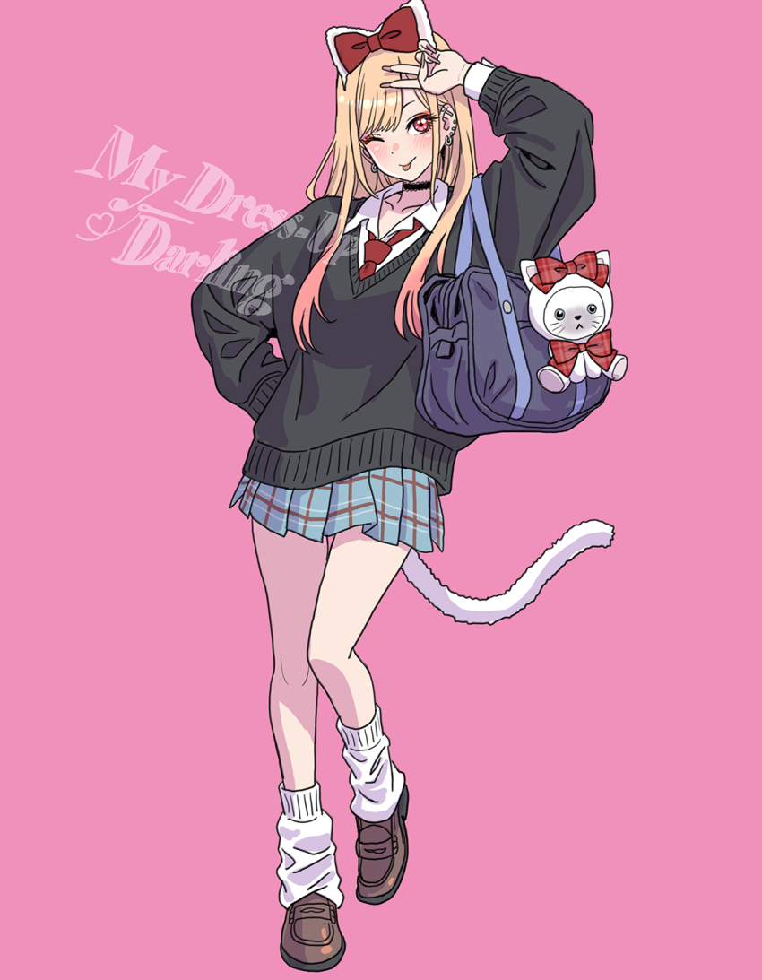 1girl ;p animal_ears bag black_choker black_sweater blonde_hair blush bow brown_shoes cat_ears choker ear_piercing earrings english_text eyeshadow fake_animal_ears fake_nails fake_tail gyaru hair_bow hand_on_own_hip highres jewelry kitagawa_marin long_hair long_sleeves looking_at_viewer loose_clothes loose_socks makeup one_eye_closed piercing pink_background pleated_skirt shirt shoes shoulder_bag simple_background skirt smile socks solo sono_bisque_doll_wa_koi_wo_suru stuffed_animal stuffed_toy sweater tail tongue tongue_out v yamashita_shun&#039;ya