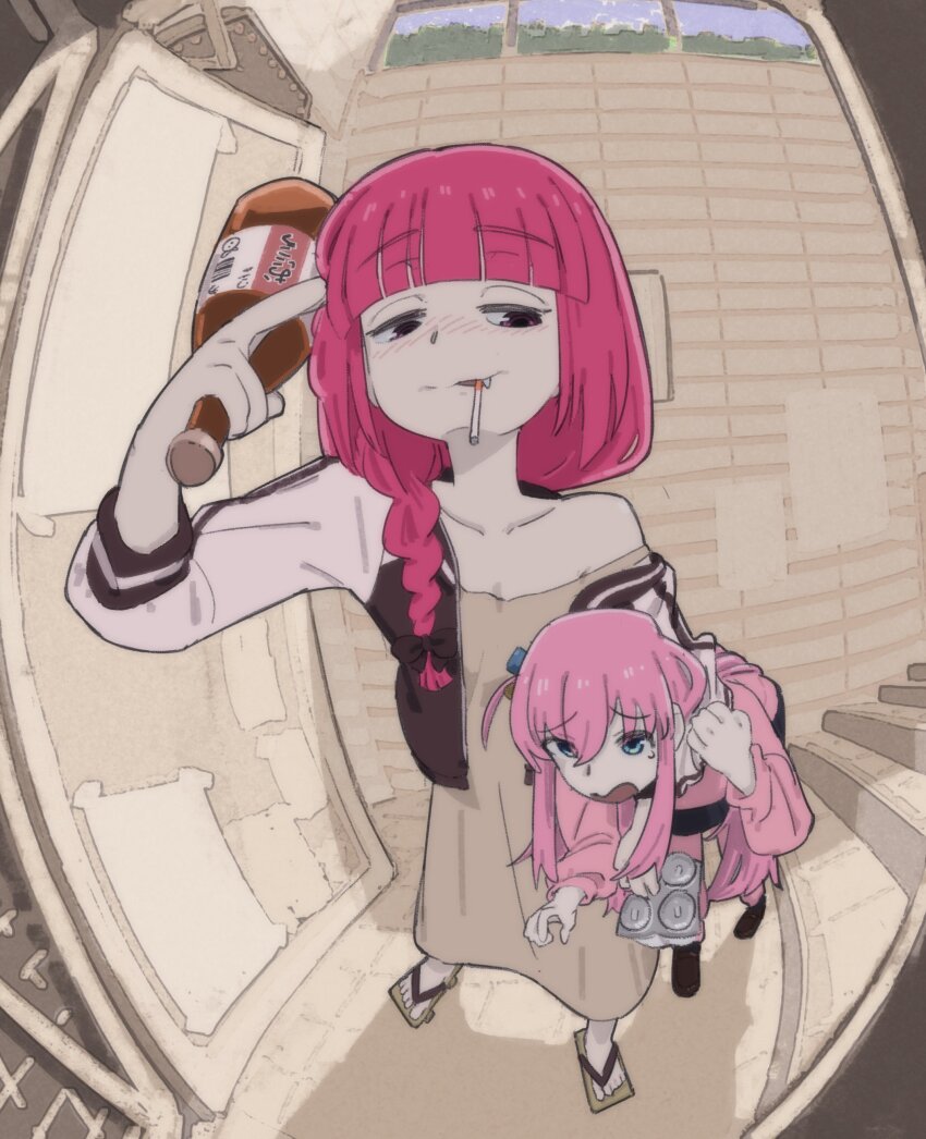 2girls absurdres black_jacket bocchi_the_rock! bottle carrying carrying_person carrying_under_arm cigarette commission dress fisheye fubarmoe gotoh_hitori green_dress highres hiroi_kikuri holding holding_bottle jacket multiple_girls open_clothes open_jacket pink_hair pink_jacket sake_bottle sleeveless sleeveless_dress track_jacket