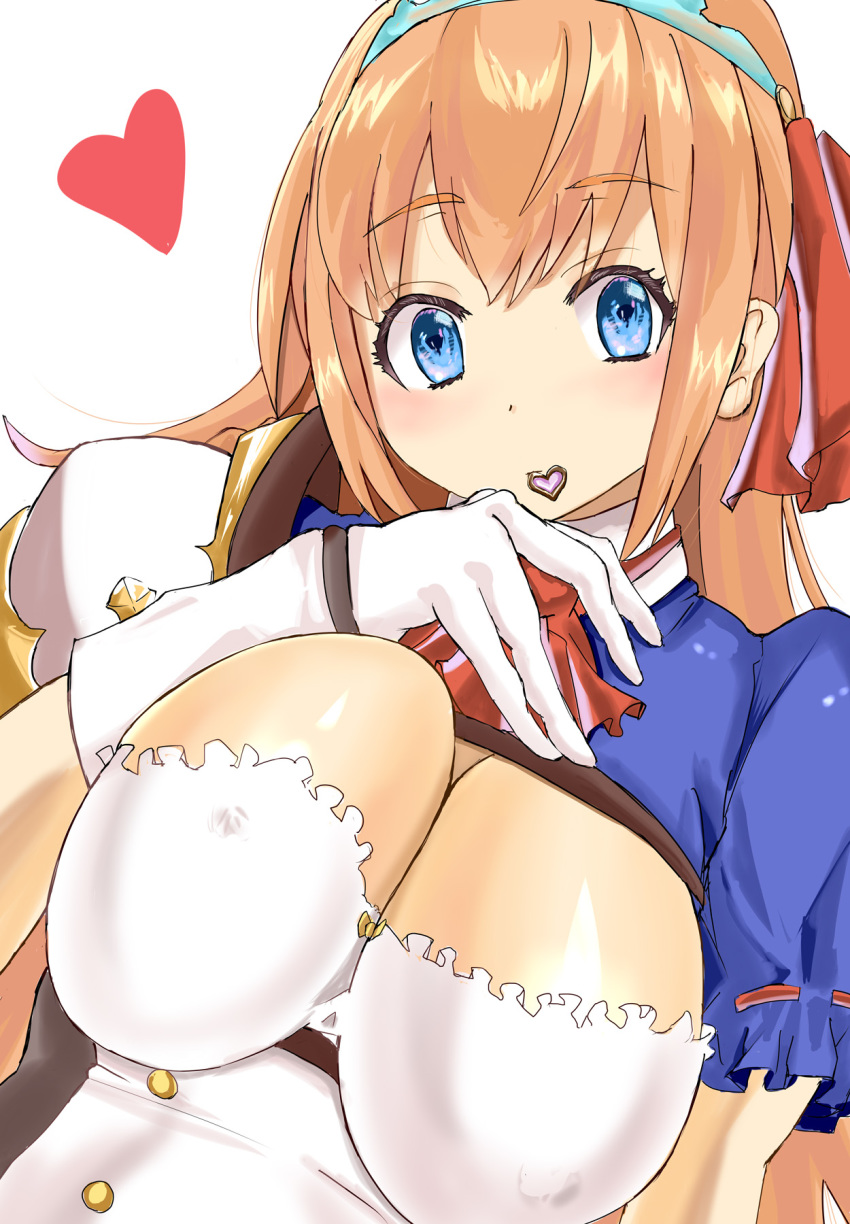 1girl bang blue_eyes blush breasts dres finger_gun gloves heart highres large_breasts orange_hair pecorine_(princess_connect!) princess_connect! tagme tiara tukemen_gyokai