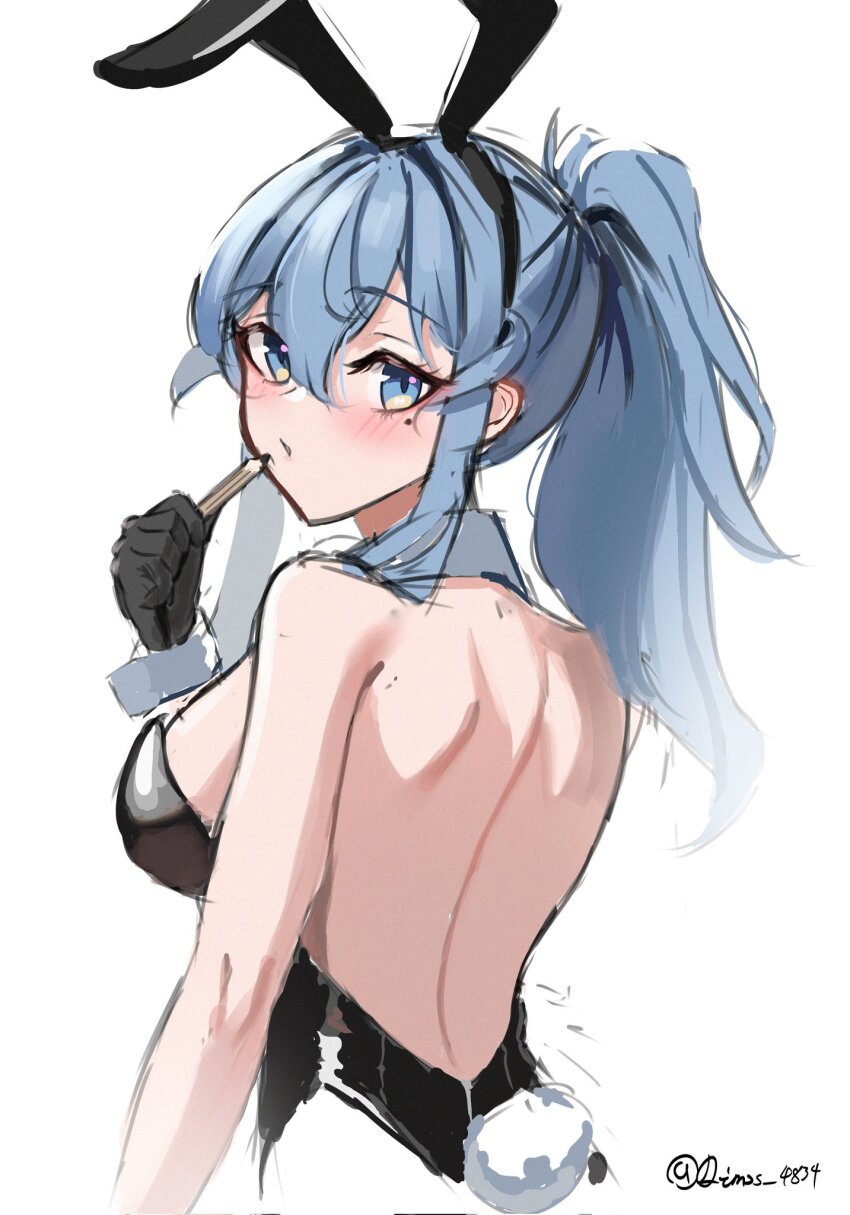 1girl alternate_costume animal_ears back black_leotard blue_eyes blue_hair breasts detached_collar dimos_(dawn_1945) fake_animal_ears fake_tail gotland_(kancolle) hair_between_eyes highres kantai_collection leotard long_hair looking_at_viewer looking_back medium_breasts mole mole_under_eye pencil playboy_bunny ponytail rabbit_ears rabbit_tail solo strapless strapless_leotard tail twitter_username white_background wrist_cuffs