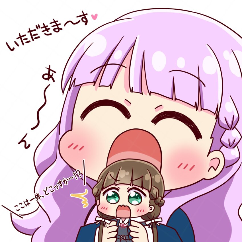 2girls ^_^ blue_jacket blunt_bangs blush braid brown_hair closed_eyes collared_shirt commentary_request dress dress_shirt green_eyes grey_dress hair_ribbon half_up_braid half_updo highres holding holding_mini_person imminent_vore jacket long_hair long_sleeves love_live! love_live!_superstar!! low_twintails mini_person minigirl multiple_girls neck_ribbon open_clothes open_jacket open_mouth pinafore_dress purple_hair red_ribbon ribbon sakurakoji_kinako school_uniform shirt simple_background sleeveless sleeveless_dress suppii translation_request twintails v-shaped_eyebrows wavy_hair white_background white_ribbon white_shirt wien_margarete winter_uniform yuigaoka_school_uniform