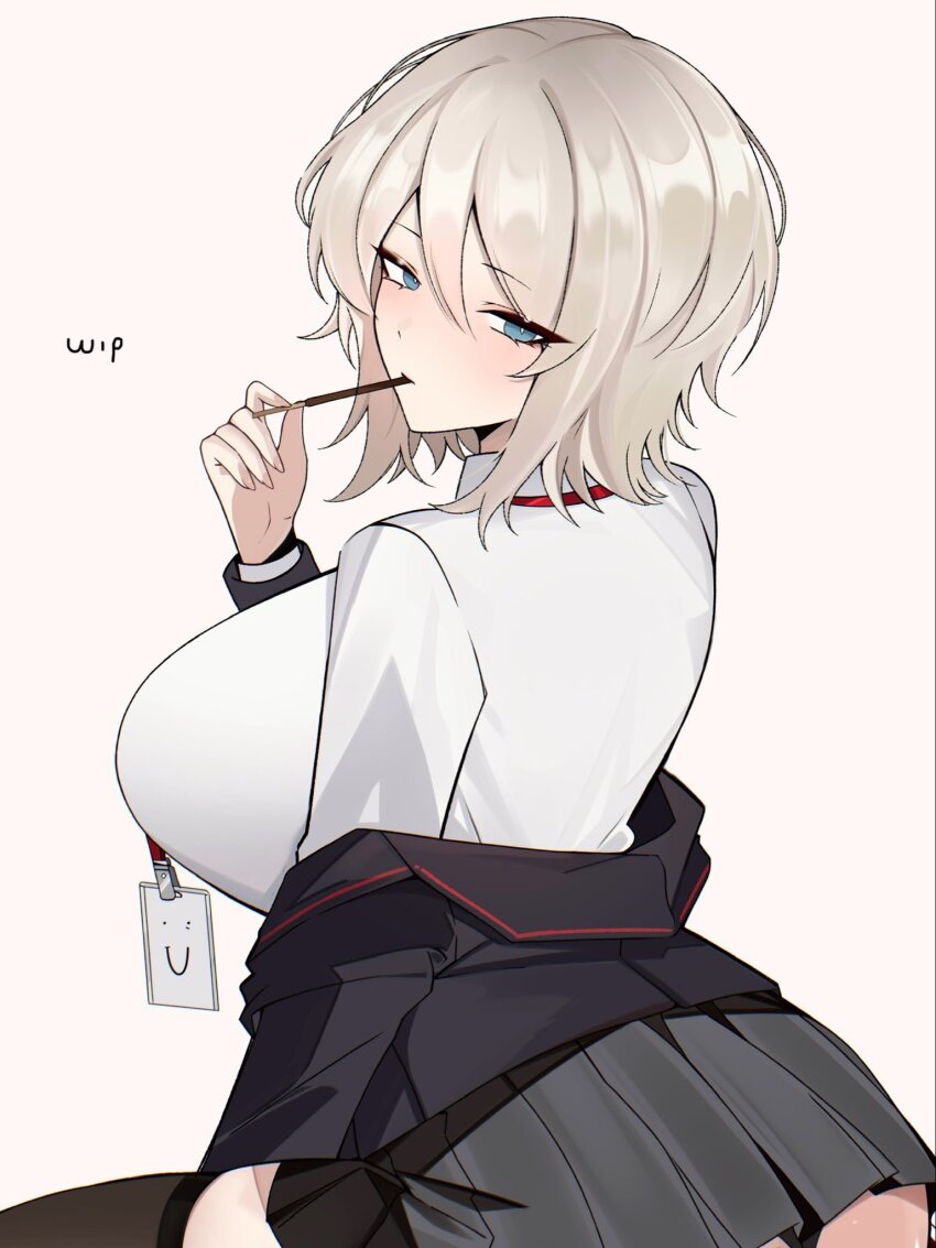1girl alt_text ass black_skirt blue_eyes breasts commentary english_commentary faust_(project_moon) food food_in_mouth highres huge_breasts large_breasts limbus_company looking_at_viewer looking_back m_ayonessa medium_hair panties panty_peek pleated_skirt pocky pocky_in_mouth project_moon shirt sitting skirt solo underwear white_hair white_shirt
