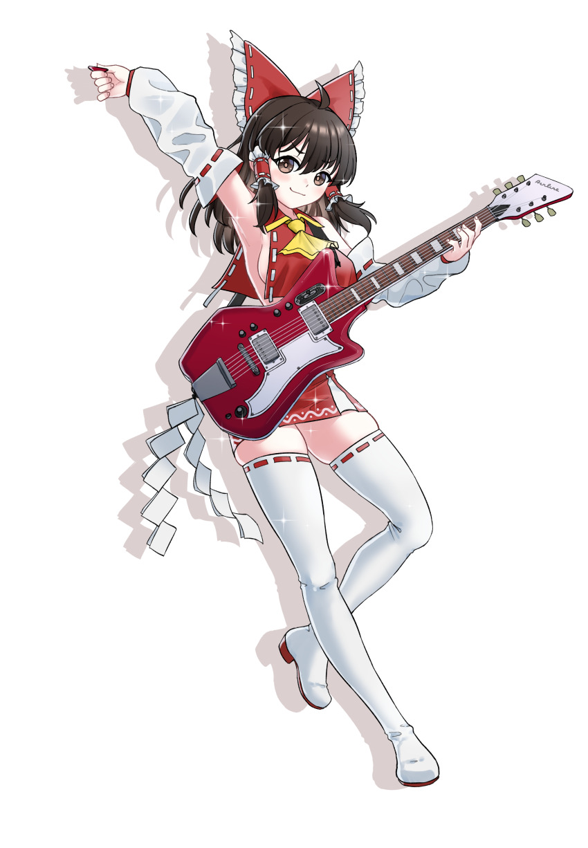 1girl absurdres adapted_costume ahoge ascot boots bow breast_curtain breasts brown_eyes brown_hair closed_mouth commentary_request detached_sleeves frilled_bow frilled_hair_tubes frills full_body guitar hair_bow hair_tubes hakurei_reimu high_heel_boots high_heels highres holding holding_guitar holding_instrument holding_plectrum ichinoyalab instrument long_hair looking_at_viewer plectrum red_bow red_skirt ribbon-trimmed_sleeves ribbon_trim sideboob silhouette simple_background skirt smile solo sparkle thigh_boots touhou white_background white_boots yellow_ascot