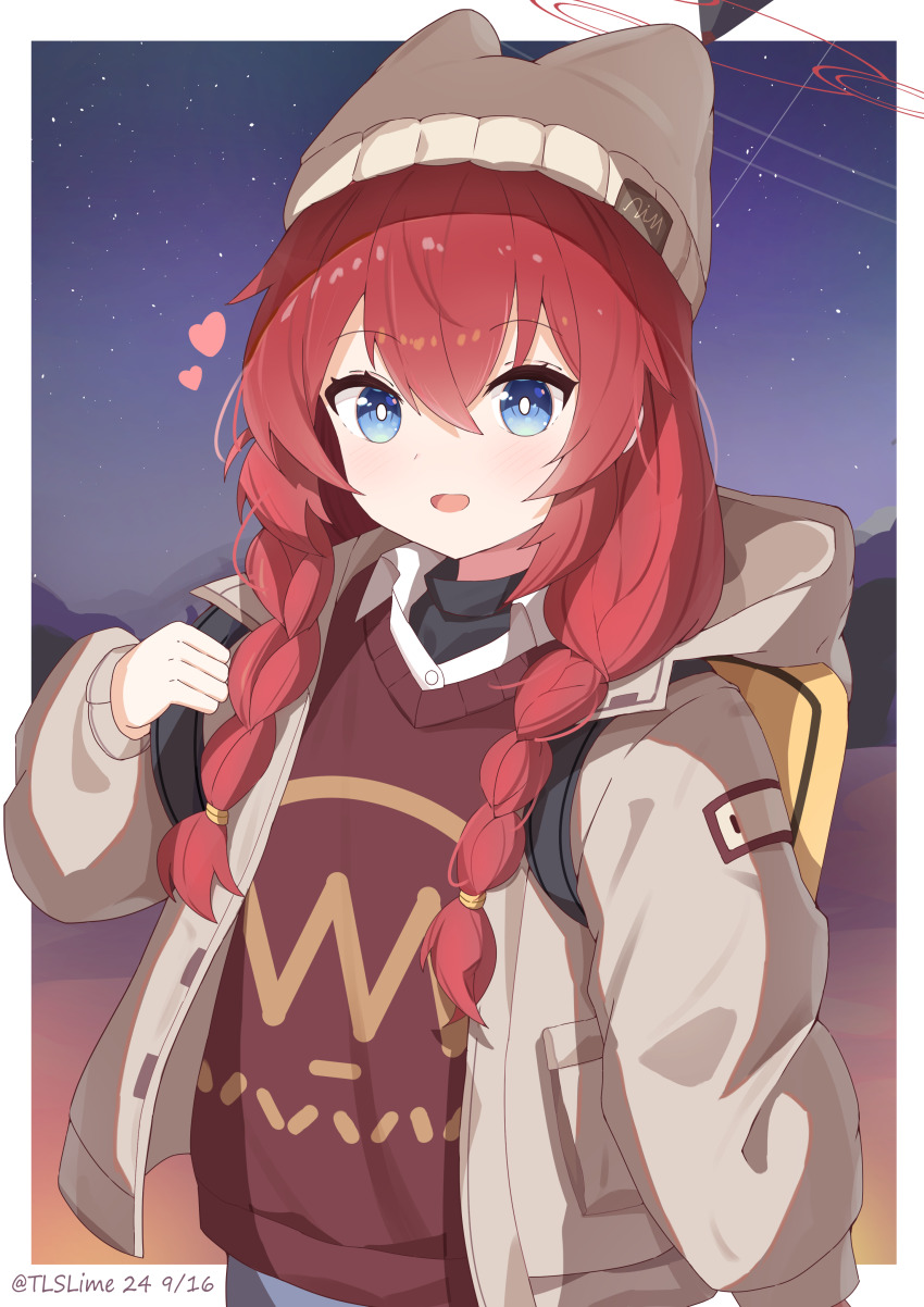 1girl absurdres alternate_costume artist_name backpack bag blue_archive blue_eyes border commentary_request hair_between_eyes halo hat heart highres hood hooded_jacket jacket long_hair long_sleeves looking_at_viewer low_twintails maki_(blue_archive) maki_(camp)_(blue_archive) night night_sky official_alternate_costume official_alternate_hairstyle open_clothes open_jacket open_mouth red_hair sidelocks simple_background sky smile solo tlslime twintails white_border