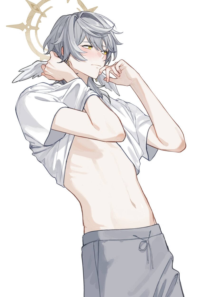 1boy absurdres blush closed_mouth clothes_lift commentary_request cowboy_shot earrings embarrassed grey_hair grey_pants guilty_challenge_(meme) hair_between_eyes halo halo_behind_head hand_under_clothes hand_under_shirt head_wings highres honkai:_star_rail honkai_(series) jewelry korean_commentary male_focus maru_(gobigreens) meme pants shirt shirt_lift short_hair simple_background skinny solo sunday_(honkai:_star_rail) white_background white_shirt white_wings wings yellow_eyes