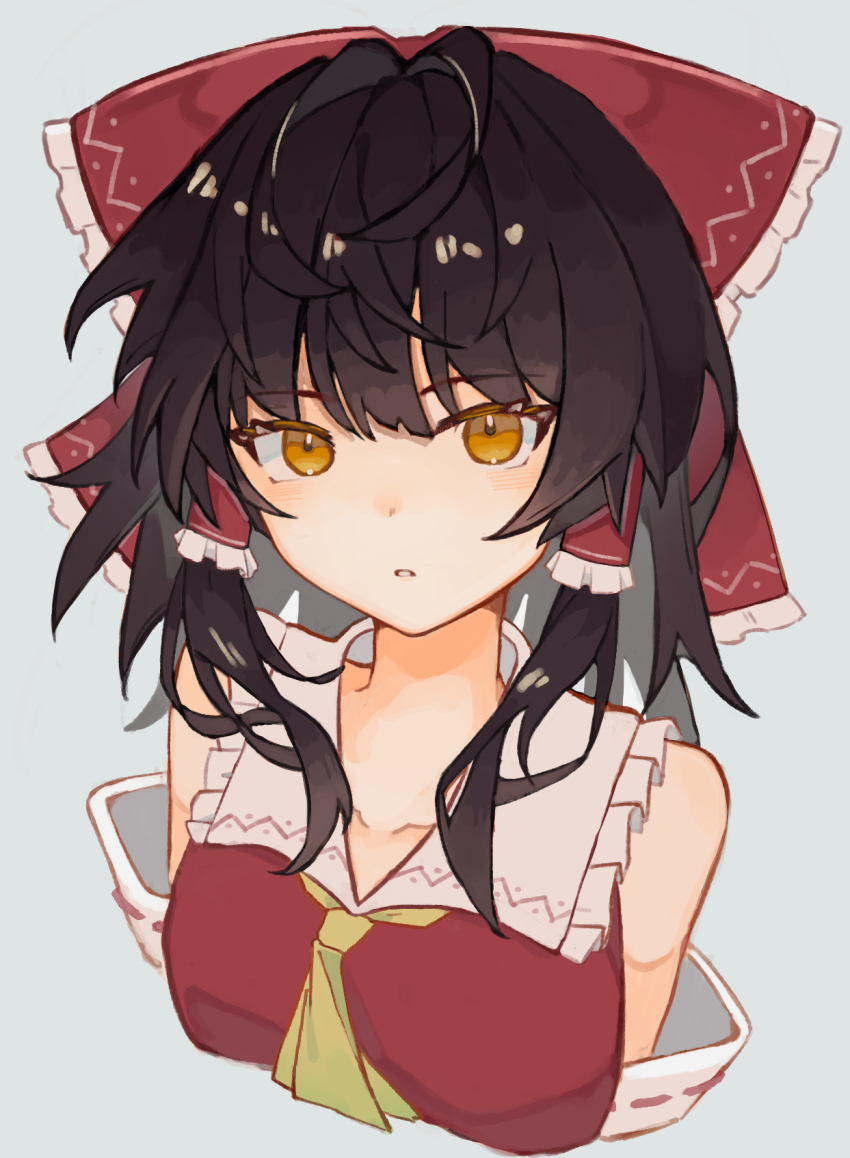 1girl ascot bare_shoulders black_hair bow breasts collared_shirt detached_sleeves frilled_bow frilled_hair_tubes frilled_shirt_collar frills grey_background hair_bow hair_intakes hair_tubes hakurei_reimu highres hinataku1222 long_hair looking_at_viewer parted_lips red_bow red_shirt ribbon-trimmed_sleeves ribbon_trim shirt sidelocks simple_background solo touhou upper_body white_sleeves yellow_ascot yellow_eyes