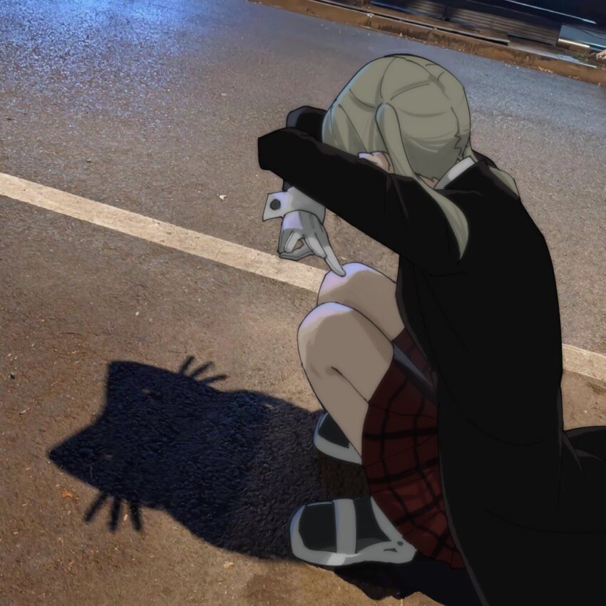 1girl ankle_boots arms_up black_boots black_coat boots cat_shadow_puppet_(meme) coat ddy31 gloves grey_hair maka_albarn medium_hair meme outdoors photo-referenced plaid_clothes plaid_skirt pleated_skirt red_skirt road shadow shadow_puppet skirt sleeve_cuffs solo soul_eater squatting twintails white_gloves white_sleeve_cuffs