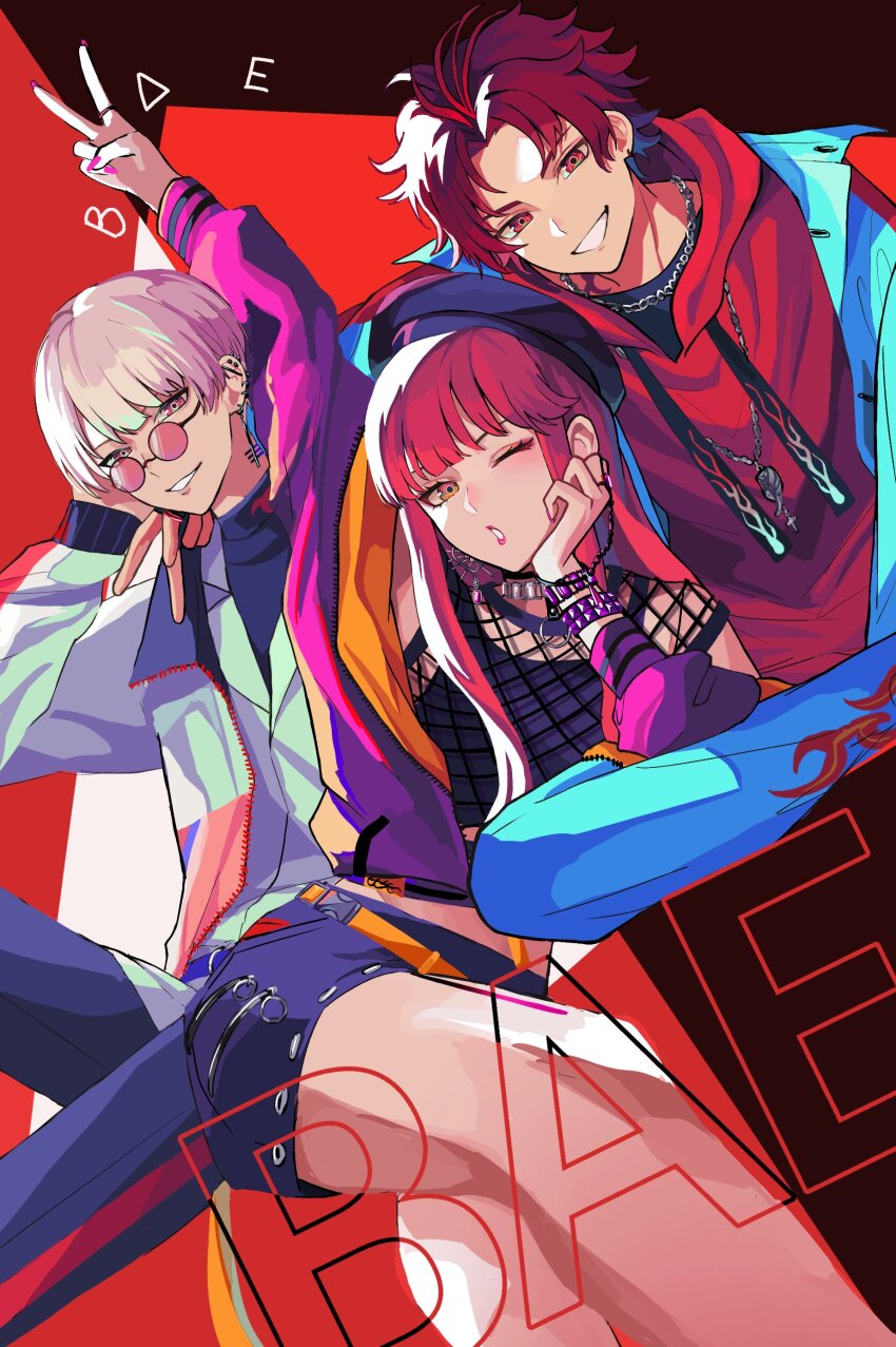 1other 2boys absurdres anne_faulkner black_background blue_hair brown_eyes group_name highres light_blue_hair light_purple_hair massuru_jojoen multicolored_background multicolored_clothes multiple_boys one_eye_closed paradox_live red_background red_eyes red_hair smile sugasano_allen sunglasses teeth yeon_hajun