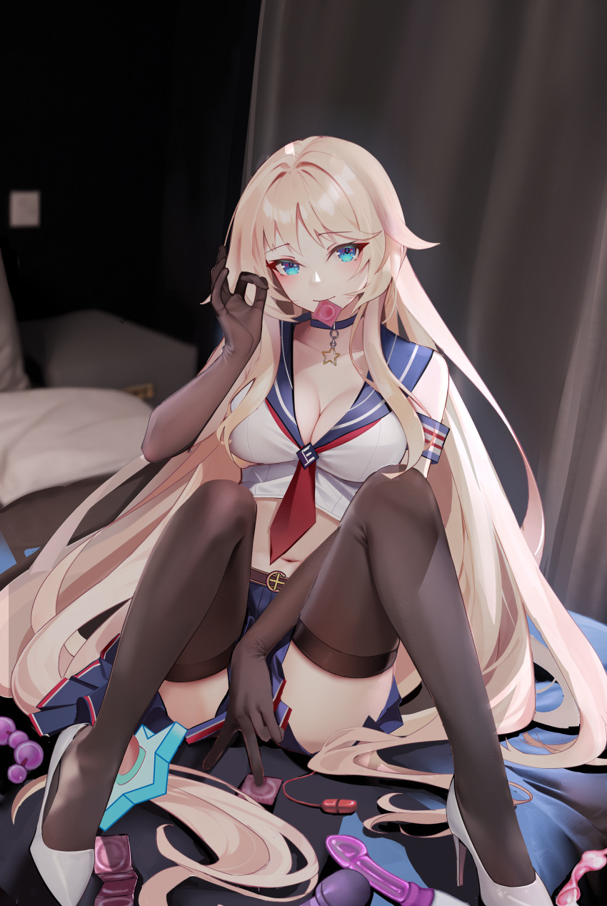 absurdres anal_beads black_pantyhose blonde_hair blue_eyes condom condom_in_mouth dildo egg_vibrator enterprise_(warship_girls_r) high_heels highres long_hair looking_at_viewer mouth_hold on_bed pantyhose sailor_collar sailor_shirt sex_toy shirt skirt uss_enterprise_(cv-6) vibrator warship_girls_r xnnagu
