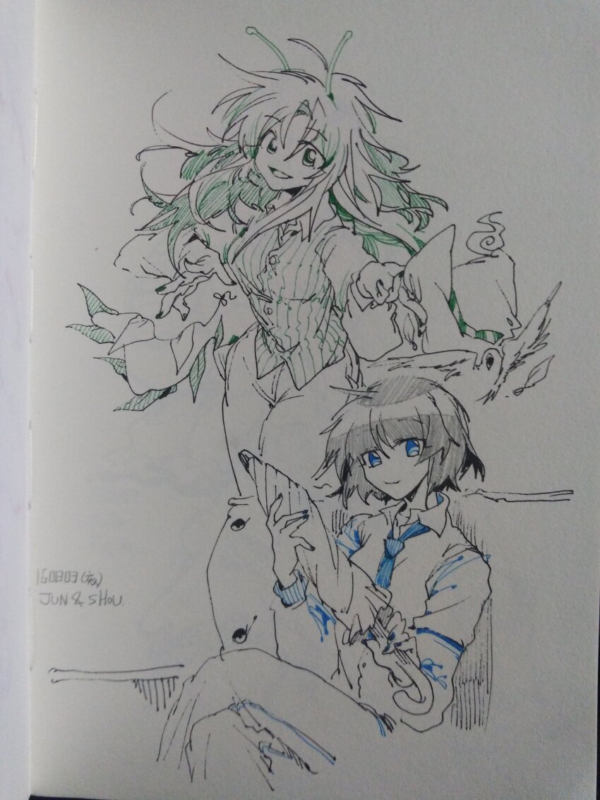 2girls alternate_costume amanomiya_jun amanomori_shou antennae ballpoint_pen_(medium) breasts character_name chinese_commentary closed_mouth closed_umbrella collared_shirt commentary_request eye_of_senri genderswap genderswap_(otf) graphite_(medium) highres holding holding_umbrella len&#039;en ling_s long_hair long_sleeves medium_breasts multiple_girls open_mouth pants pen_(medium) ribbed_vest shirt short_hair sitting sketch smile spot_color traditional_media translation_request umbrella vest