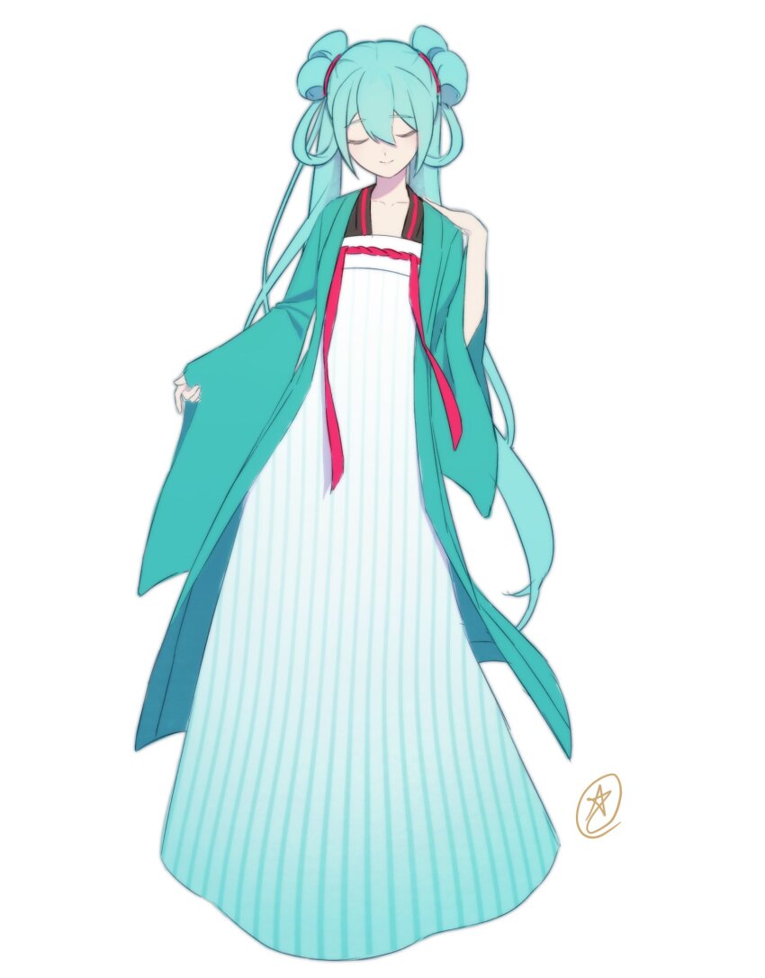 1girl aqua_hair aqua_hanfu china chinese_clothes closed_eyes daxiushan double_bun dress full_body gradient_clothes gradient_dress hair_bun hair_rings hanfu hatsune_miku highres long_hair qixiong_ruqun solo star_(symbol) starmalia twintails vocaloid white_background worldwide_miku