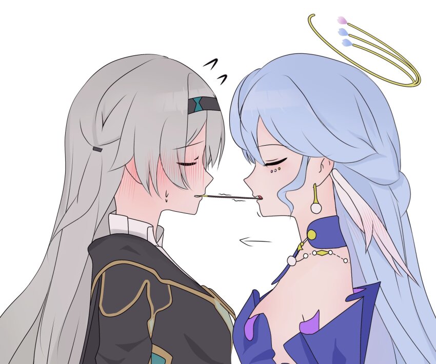2girls arrow_(symbol) bare_shoulders black_hairband black_jacket blue_hair blush braid breasts choker closed_eyes detached_sleeves dress earrings feathered_wings firefly_(honkai:_star_rail) flying_sweatdrops food food_in_mouth grey_hair hair_between_eyes hairband halo head_wings highres honkai:_star_rail honkai_(series) jacket jewel_under_eye jewelry long_hair medium_breasts multiple_girls pearl_earrings pocky pocky_in_mouth pocky_kiss purple_choker purple_dress robin_(honkai:_star_rail) sailor_collar shared_food shy simple_background sweatdrop teeth upper_body white_background wings yuri yuuncx