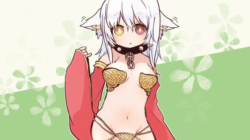 1girl animal_ears bikini cat_ears cat_girl commentary_request cowboy_shot detached_sleeves green_background gypsy_(ragnarok_online) heterochromia long_hair looking_at_viewer navel open_mouth pochiko_(poteko) ragnarok_online red_eyes red_sleeves solo strapless strapless_bikini swimsuit white_background white_hair yellow_bikini yellow_eyes