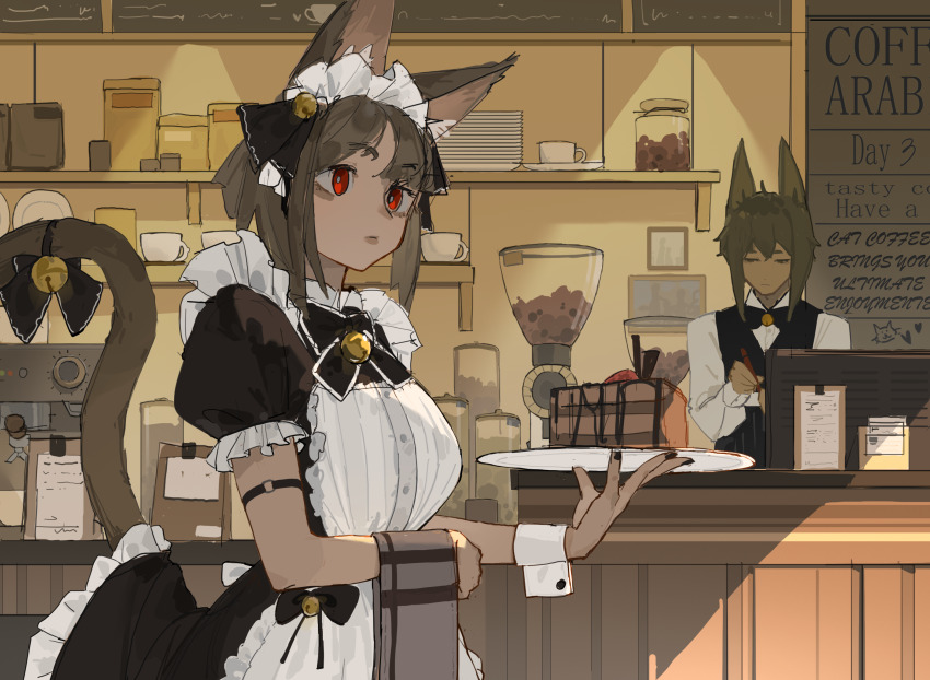 1girl bell brown_hair cafe cake cake_slice cat_girl food glaw hair_bell hair_ornament highres holding holding_food maid original red_eyes tail tail_bell tail_ornament