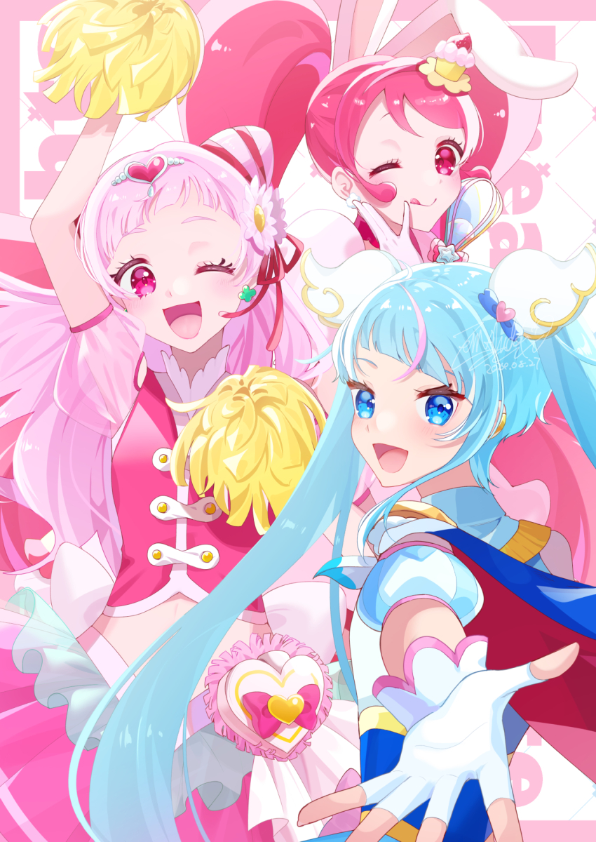 3girls ;d ;q animal_ears arm_up artist_name back_bow blue_cape blue_dress blue_eyes blue_hair bow cape clothing_cutout commentary cone_hair_bun cupcake cure_sky cure_whip cure_yell cut_bangs dated detached_sleeves double_bun dress earclip enishidayuu facing_viewer fingerless_gloves flower food food-themed_hair_ornament gloves gradient_hair hair_bun hair_flower hair_ornament hand_on_own_face heart heart_hair_ornament highres hirogaru_sky!_precure holding holding_pom_poms holding_whisk hugtto!_precure in-franchise_crossover kirakira_precure_a_la_mode licking_lips long_hair looking_at_viewer looking_back magical_girl multicolored_hair multiple_girls nono_hana one_eye_closed open_mouth pink_dress pink_eyes pink_hair pom_pom_(cheerleading) pom_poms pouch precure puffy_detached_sleeves puffy_short_sleeves puffy_sleeves rabbit_ears reaching reaching_towards_viewer red_cape see-through_clothes see-through_sleeves short_dress short_sleeves signature single_sidelock sleeveless sleeveless_dress smile sora_harewataru standing stomach_cutout streaked_hair text_background tongue tongue_out trait_connection twintails two-sided_cape two-sided_fabric two-tone_hair usami_ichika very_long_hair whisk white_bow white_gloves wing_hair_ornament