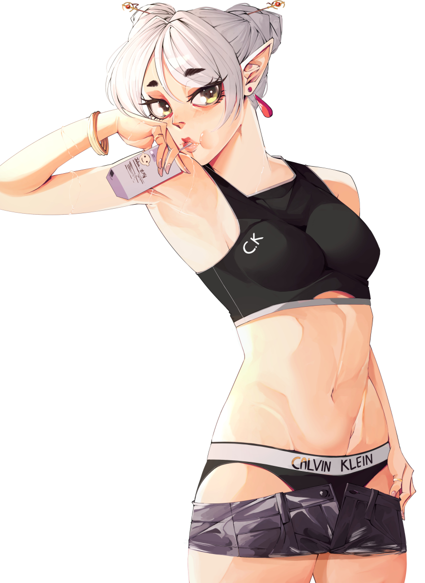 1girl absurdres armpits black_panties black_shorts black_sports_bra bra bracelet brand_name_imitation breasts calvin_klein crop_top ear_piercing earrings elf frieren grey_hair hair_bun hair_ornament hair_stick highres holding jewelry jobin_chan lips looking_at_viewer medium_breasts midriff milk_carton nail_polish navel original panties piercing pointy_ears short_hair short_shorts shorts single_hair_bun solo sousou_no_frieren sports_bra standing stomach thick_eyebrows underwear white_hair yellow_eyes