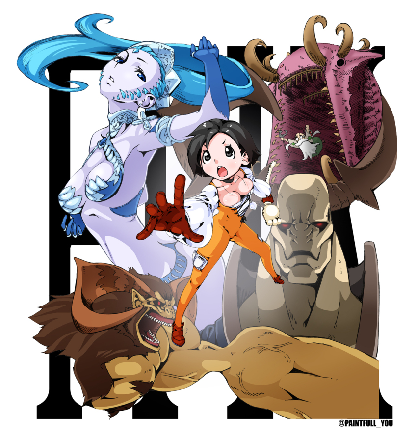 2girls atomos black_hair blue_eyes blue_hair blue_skin bodysuit breasts colored_skin final_fantasy final_fantasy_ix garnet_til_alexandros_xvii gloves highres holding holding_staff ifrit_(final_fantasy) jewelry long_hair multiple_girls necklace odin_(final_fantasy) okirakujuraku open_mouth orange_bodysuit ramuh shiva_(final_fantasy) short_hair staff twitter_username