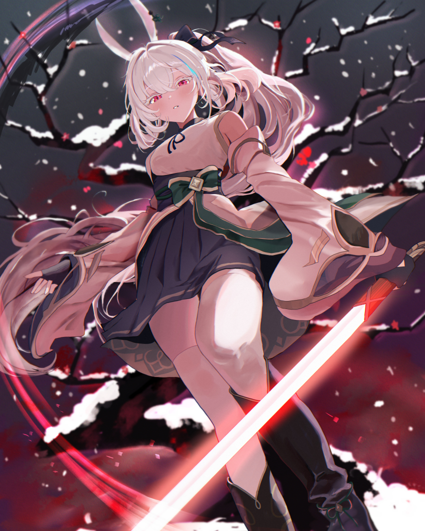 1girl absurdres animal_ears bare_shoulders bare_tree black_bow black_gloves black_ribbon black_skirt blue_hair blurry blurry_background blush bow chinese_commentary colored_eyelashes commentary_request detached_sleeves dutch_angle eyelashes feet_out_of_frame fighting_stance fingerless_gloves floating_hair foreshortening from_below gloves glowing glowing_sword glowing_weapon green_bow hair_between_eyes hair_bow hair_intakes hair_ribbon high-waist_skirt highres holding holding_sword holding_weapon len_(maplestory) long_hair long_sleeves looking_at_viewer maplestory motion_lines night outdoors parted_lips pleated_skirt ponytail rabbit_ears rabbit_girl red_eyes ribbon shirt sidelocks signallerc skirt sleeveless sleeveless_shirt snow snowing solo standing straight_hair sword thighhighs tree very_long_hair weapon white_eyelashes white_hair white_shirt white_thighhighs wide_sleeves winter zettai_ryouiki