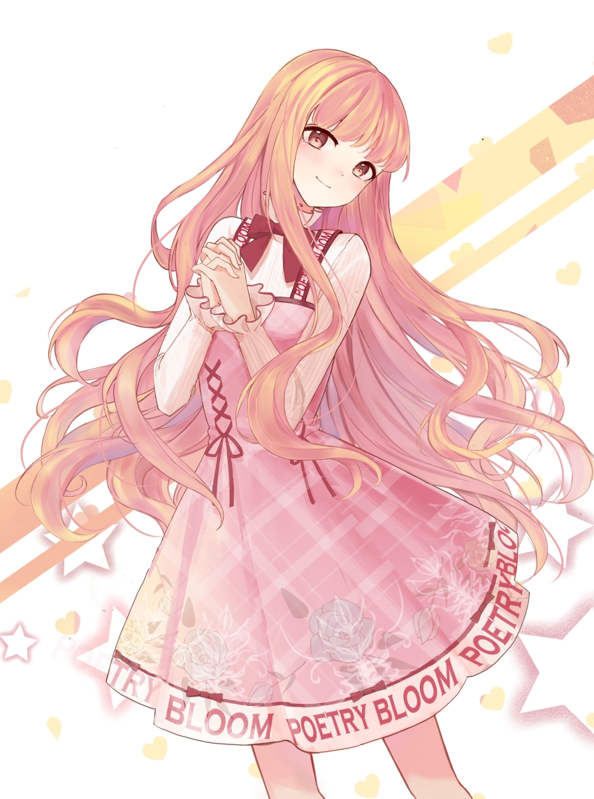 1girl absurdres bloom_poetry_(shining_nikki) blunt_bangs bow bowtie brown_eyes chinese_commentary closed_mouth clothes_writing collared_shirt commentary_request cowboy_shot dot_nose dress dress_ribbon floral_print frilled_shirt_collar frilled_sleeves frills happy head_tilt heart high_collar highres interlocked_fingers light_blush long_hair long_sideburns long_sleeves medium_dress nikki_(nikki) nikki_(series) own_hands_clasped own_hands_together pink_dress pink_hair plaid_clothes plaid_dress pleated_dress red_bow red_bowtie red_ribbon ribbon rose_print shining_nikki shirt sideburns sleeves_past_wrists smile solo standing star_(symbol) very_long_hair wavy_hair white_background white_shirt youyidianqingming