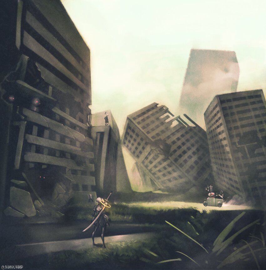 1boy 1girl 2b_(nier:automata) 9s_(nier:automata) absurdres black_footwear boots building commentary driving emil_(nier) english_commentary floating floating_object floating_sword floating_weapon glowing glowing_eyes highres machine_(nier) multiple_others musical_note nier:automata nier_(series) noodlenood pod_(nier:automata) post-apocalypse ruins short_hair skyscraper sword sword_on_back thigh_boots virtuous_treaty weapon weapon_on_back when_you_see_it