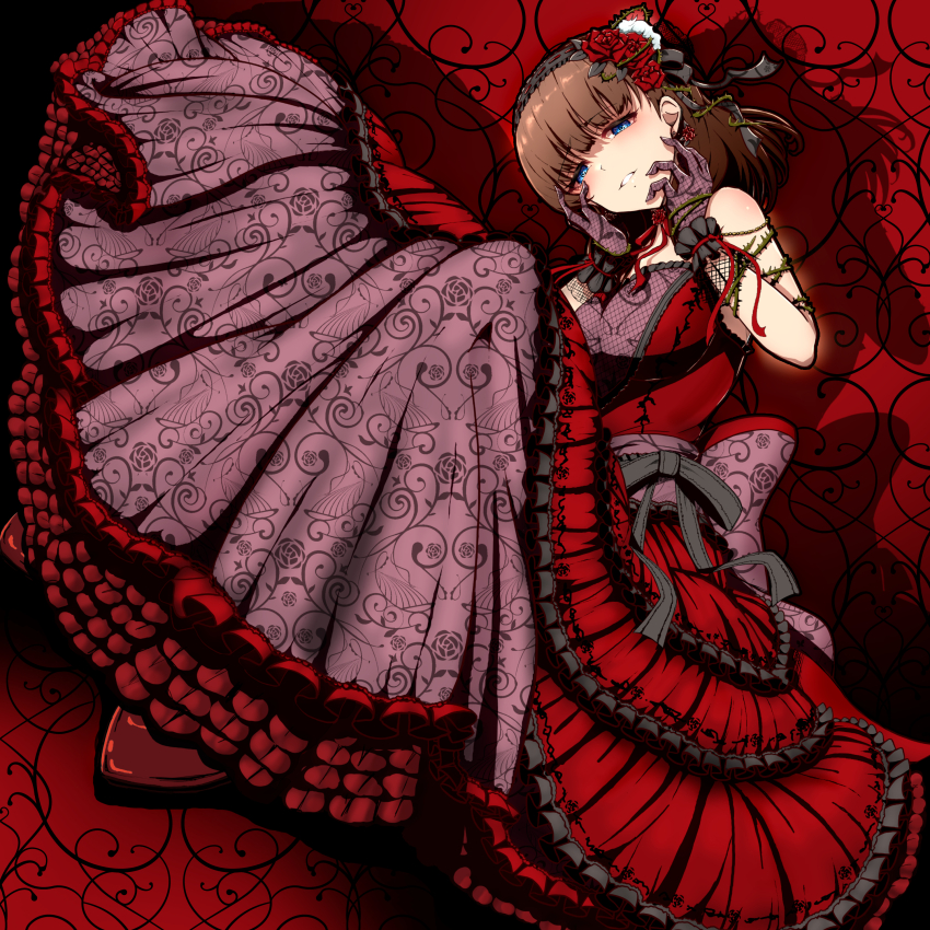 1girl absurdres bare_shoulders black_headwear blue_eyes breasts brown_hair dress earrings embroidered_dress floral_print flower frilled_dress frills gloves hair_ribbon half-closed_eyes hands_on_own_face headband highres hitofudegaki_usagi idolmaster idolmaster_cinderella_girls jewelry lace lace-trimmed_dress lace_trim long_dress lying medium_breasts nose on_side open_mouth red_background red_dress red_flower red_ribbon red_rose ribbon rose rose_print sakuma_mayu see-through_clothes short_hair strapless strapless_dress thorns two-tone_dress waist_ribbon wrist_cuffs