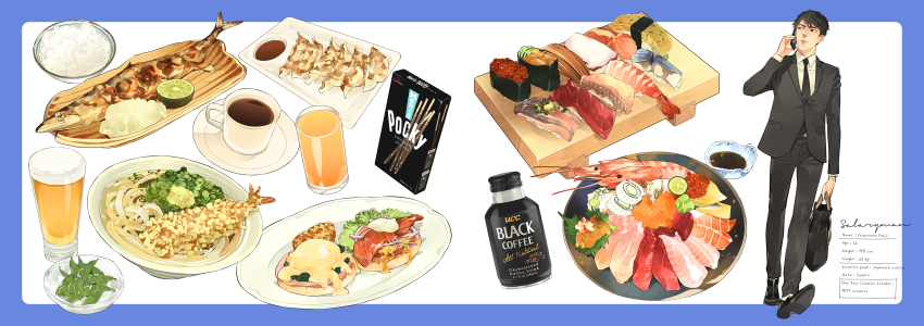 1boy absurdres alcohol arm_at_side bag beer bento black_eyes black_hair black_jacket black_necktie black_pants black_shoes blue_border border bottle bowl box cellphone character_profile coffee cup drinking_glass dumpling edamame egg eggs_benedict english_text fish fish_(food) food food_focus food_request formal_clothes fried_fish fruit gunkanmaki hand_up height highres holding holding_bag holding_phone jacket jiaozi le_delicatessen leaf lemon lobster looking_away makizushi male_focus necktie nigirizushi noodles onion original outside_border pant_suit pants phone pocket rice_bowl rounded_corners sashimi sauce saucer shoe_soles shoes sideways_glance solo soy_sauce suit sushi sushi_geta tempura tray udon vegetable walking white_background