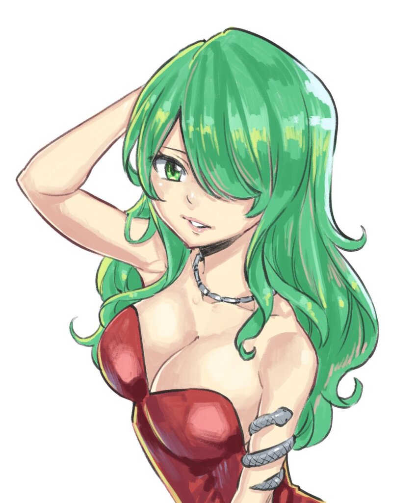 1girl bare_shoulders breasts cleavage collarbone dress green_eyes green_hair hair_over_one_eye highres jewelry large_breasts long_hair mashima_hiro matching_hair/eyes necklace official_art rave_(manga) red_dress reina_(rave) solo