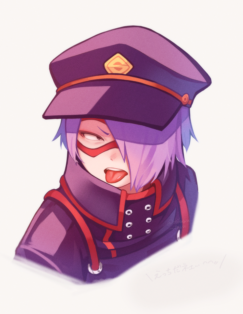 1boy black_coat black_hat boku_no_hero_academia chikuwa_savy coat commentary_request hair_over_one_eye hat highres looking_at_viewer male_focus mask narrowed_eyes open_mouth parted_bangs peaked_cap purple_hair red_mask shishikura_seiji signature solo tongue tongue_out upper_body white_background