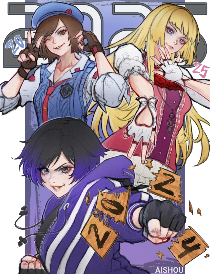 2024 2025 3girls absurdres ai_shou artist_name blonde_hair blue_eyes brown_eyes brown_gloves brown_hair clothing_cutout commentary emilie_de_rochefort fingerless_gloves gloves gradient_hair heart_cutout highres hime_cut kazama_asuka long_hair multicolored_hair multiple_girls namco necktie pillarboxed reina_(tekken) short_hair tekken tekken_8 v
