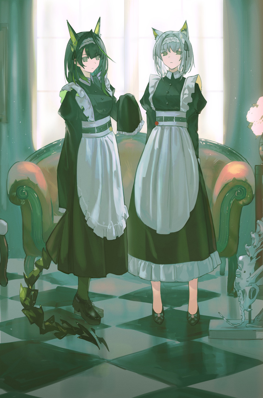 2girls absurdres apron arknights black_dress black_hair black_shoes chair character_request closed_mouth commentary dress expressionless full_body highres indoors kal&#039;tsit_(arknights) kal&#039;tsit_(maid)_(arknights) long_hair looking_at_viewer maid maid_apron multiple_girls shoes short_hair standing waist_apron white_apron white_hair yuishironeko