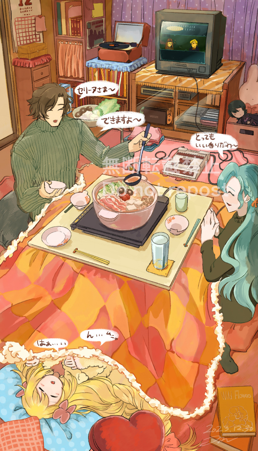 1boy 2girls aqua_hair blonde_hair bowl brown_hair celine_(fire_emblem) chloe_(fire_emblem) closed_eyes fire_emblem fire_emblem_engage food highres holding holding_bowl indoors jin_(funaki_gen) louis_(fire_emblem) multiple_girls nintendo open_mouth television
