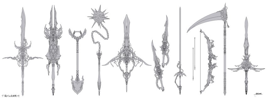 absurdres annotation_request aosuna arrow_(projectile) artist_name bow_(weapon) check_weapon commentary flail greyscale highres monochrome no_humans original partially_annotated polearm rapier short_sword shovel sickle signature simple_background sword translated weapon weapon_request white_background