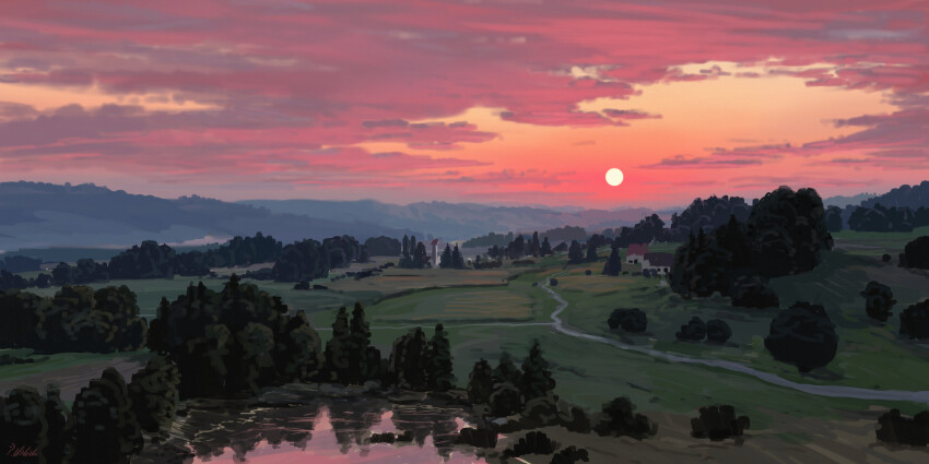 absurdres cloud cloudy_sky commentary english_commentary evening highres house lake landscape mountainous_horizon no_humans orange_sky original philipp_urlich scenery sky sunset tree