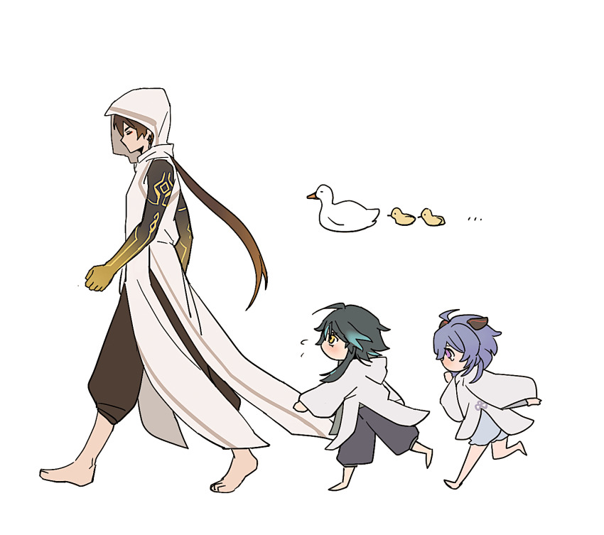 1girl 2boys aged_down ahoge aqua_hair bare_shoulders bird black_hair brown_hair child cloak closed_eyes duck earrings flying_sweatdrops ganyu_(genshin_impact) genshin_impact gradient_hair highres hood hood_up horns jewelry long_hair long_sleeves mimlmi multicolored_hair multiple_boys pants ponytail purple_eyes purple_hair simple_background single_earring tears walking white_background white_cloak wide_sleeves xiao_(genshin_impact) yellow_eyes zhongli_(archon)_(genshin_impact) zhongli_(genshin_impact)