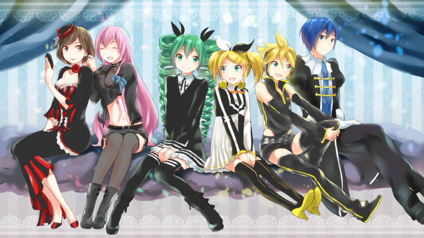 2boys 4girls black_leotard black_thighhighs blonde_hair blue_eyes boots brown_eyes brown_hair cantarella_(vocaloid) kaito_(classic)_(vocaloid) dark_angel_(module) double_lariat_(vocaloid) everyone frilled_skirt frilled_sleeves frills green_eyes green_hair hair_ornament hair_ribbon hairclip megurine_luka_(hard_rock) hatsune_miku high_heels highres himitsu_keisatsu_(vocaloid) kagamine_len kagamine_rin kaito_(vocaloid) kikuchi_mataha leotard meiko_(lorelei)_(vocaloid) lovers_suicide_oblivion_(vocaloid) megurine_luka meiko_(vocaloid) midriff migikata_no_chou_(vocaloid) multiple_boys multiple_girls pane_dhiria_(vocaloid) project_diva_(series) kagamine_len_(punkish) kagamine_rin_(reactor) ribbon roshin_yuukai_(vocaloid) skirt swept_bangs thighhighs vocaloid