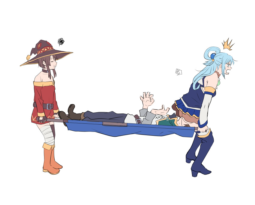 1boy 2girls absurdres accidental_pervert aldwelter aqua_(konosuba) ass assisted_carrying awkward bad_tag black_hair blue_dress blue_eyes blue_footwear blue_hair blue_skirt blush boots brown_footwear brown_hair cape carrying closed_eyes detached_sleeves dress embarrassed face_in_ass fingerless_gloves flat_chest gloves green_cape green_ribbon hair_ornament hand_up hat highres huge_ass kono_subarashii_sekai_ni_shukufuku_wo! loli long_hair magician medium_hair megumin multiple_girls no_panties pervert ponytail red_dress rescue ribbon satou_kazuma short_hair simple_background sitting sitting_on_face sitting_on_person skirt stretching surprised sweat thighhighs witch_hat